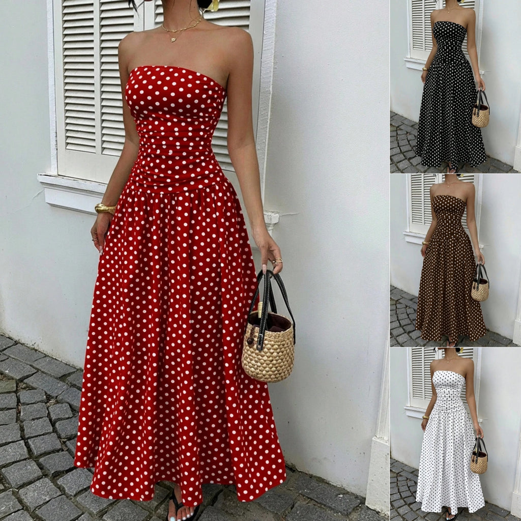 Elegant Polka-dot Off-shoulder Dresses Solid Color Strapless Lady High-waist Robe Commuting Party Business Beach Holiday Outfit