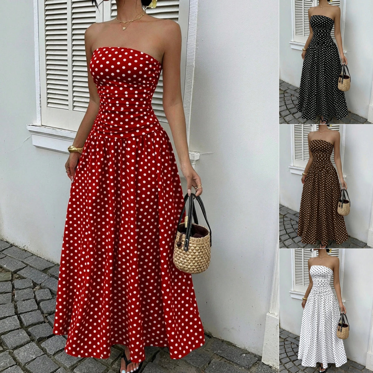 Elegant Polka-dot Off-shoulder Dresses Solid Color Strapless Lady High-waist Robe Commuting Party Business Beach Holiday Outfit