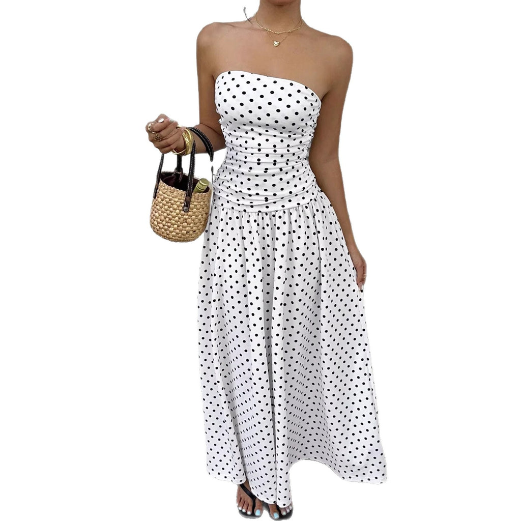 Elegant Polka-dot Off-shoulder Dresses Solid Color Strapless Lady High-waist Robe Commuting Party Business Beach Holiday Outfit