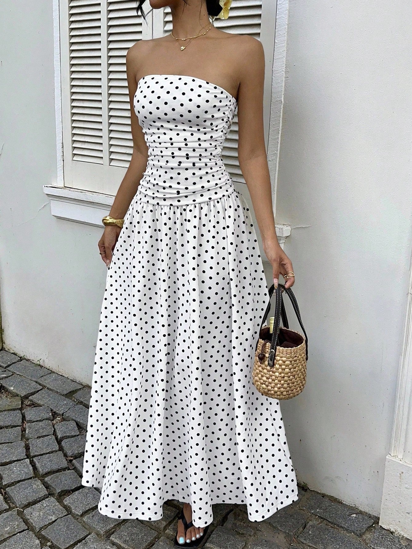 Elegant Polka-dot Off-shoulder Dresses Solid Color Strapless Lady High-waist Robe Commuting Party Business Beach Holiday Outfit